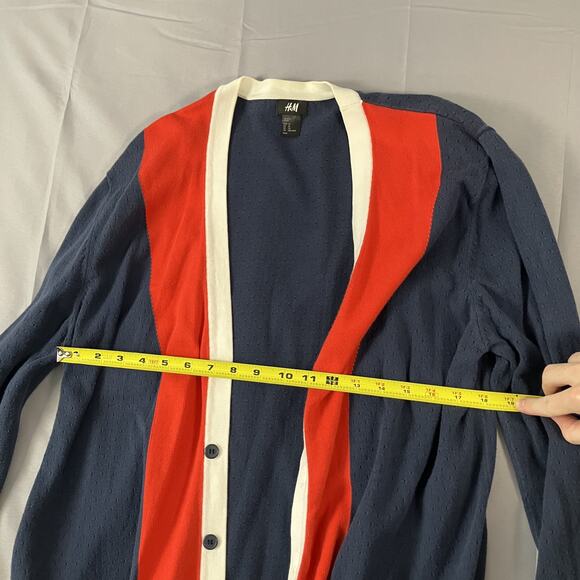 H&M Cardigan Sweater Mens XL Blue Red White Button Up Lightweight Organic Cotton - Picture 4 of 14